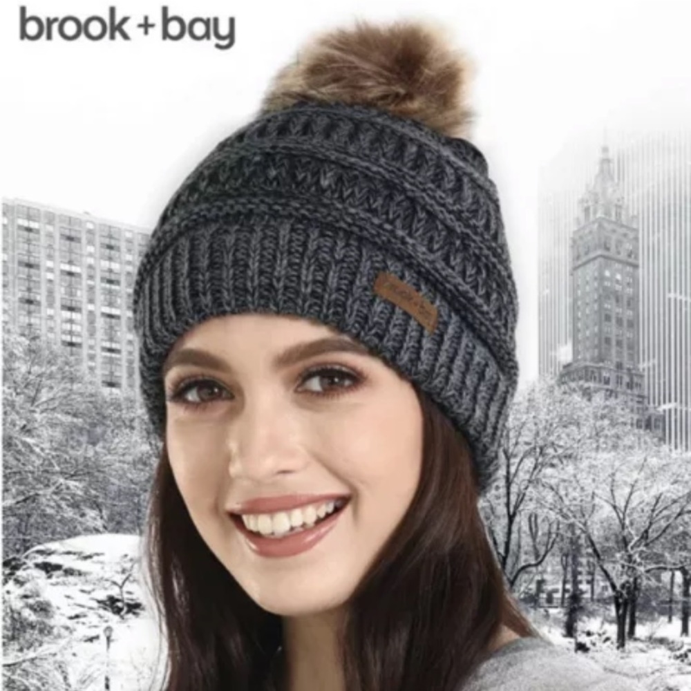 brook + bay charcoal gray fur pom pom beanie